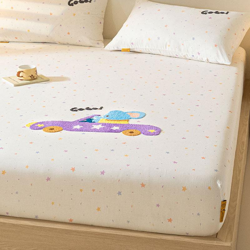 100% Cotton Cartoon Towel Embroidered Fitted Sheet A-Class Single Bed Cover For All Seasons Anti-Slip Mattress Protective Cover