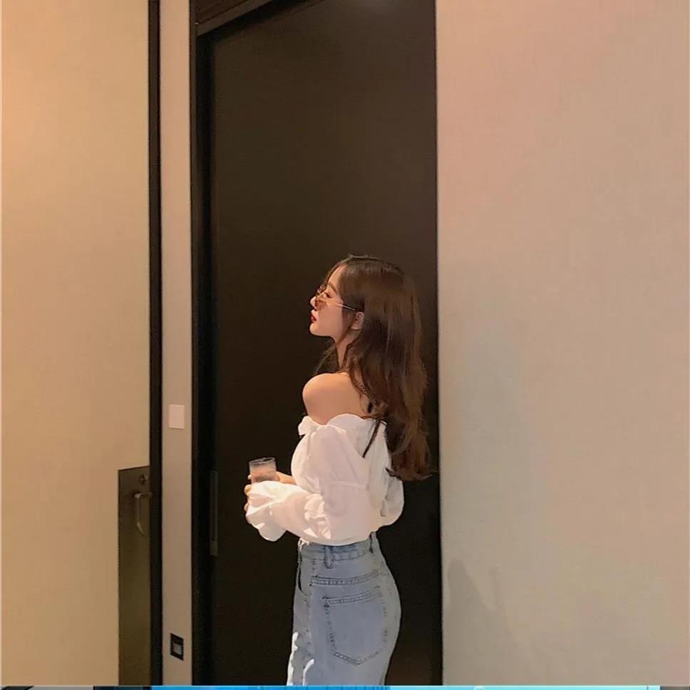 Frauen Frühling Sommer Solide Blusen Off Schulter Langarm Weiß Schwarz Hemd Puff Sleeve Rüschen Tunika Cropped Tops