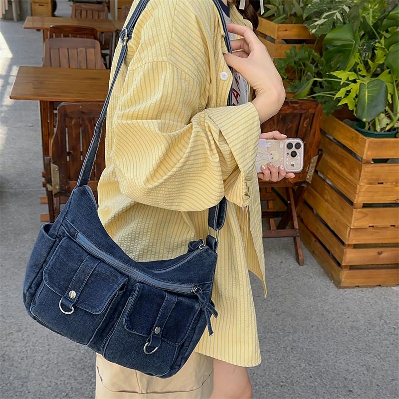 Denim Crossbody Bag Multi Pocket Shoulder Handbag with Adjustable Strap
