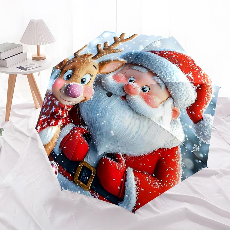 1pc Christmas Santa Claus & Reindeer Automatic Folding Umbrella, Portable 3-Fold Design with 8-Rib Iron Frame, Perfect Outdoor Gift for Fans, Traveler
