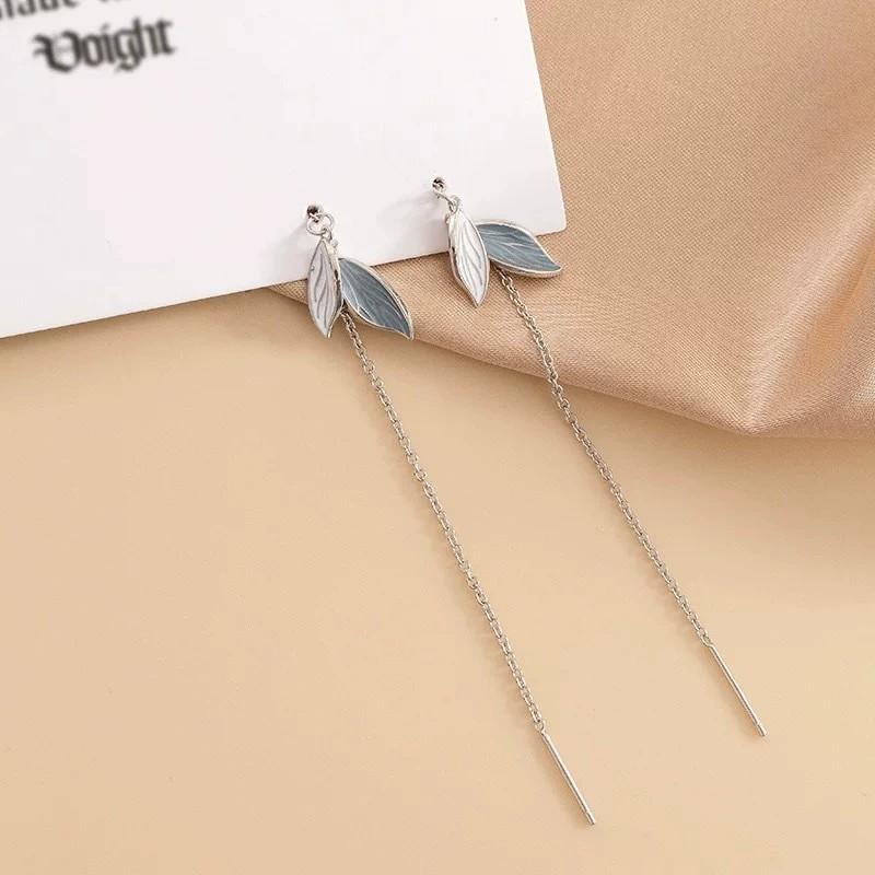 Fashion Jewelry 925 Sterling Silver Enamel Leaf Tassel Chain Earring for Women Simple Casual Earring Piercing Jewelry
