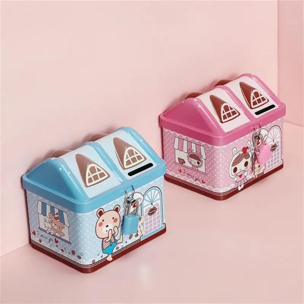 With Key Lock House Shape Piggy Bank Metal Coin Safe Storage Box House Coin Box  Home