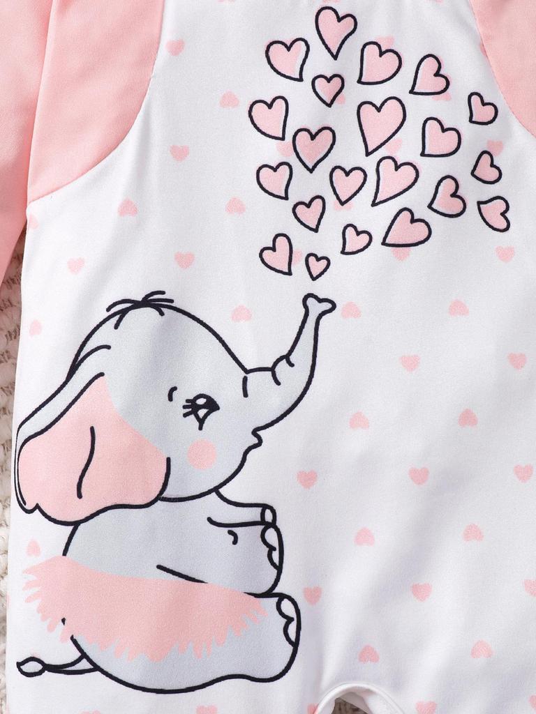 2Pcs Baby Girl Clothes Elephant Heart Print Long Sleeve Jumpsuit Ruffle Outfit+Bow Headband for 0-18 Months Cute Infant Clothes
