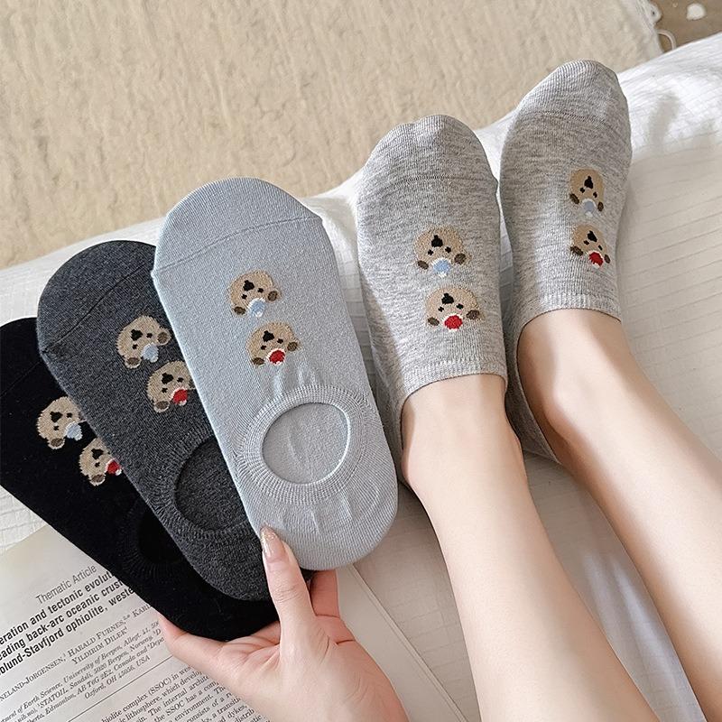 Little Bear Dog Socks, Women's Boat Socks, Cotton Socks, Summer Thin, Low-top, Shallow, Invisible Socks, Anti-slip, Non-dropping Heel Short Socks