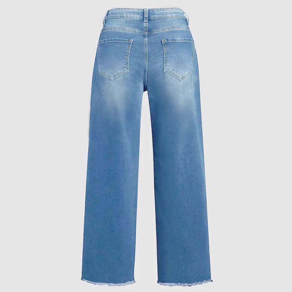 Ladies' Jeans Trend Casual Fashion Straight Leg Wide Leg Mid Waist Casual Fringed Denim Cropped Pants