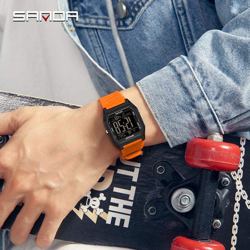 Sanda Waterproof Sports Alarm Watch - Multifunctional Square Electronic Timepiece for Students & Parties