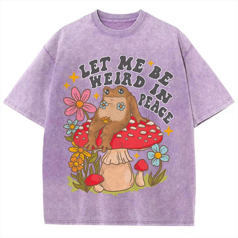Lazy Cute Frog Mushroom Flower Print T-Shirt Retro Washed De