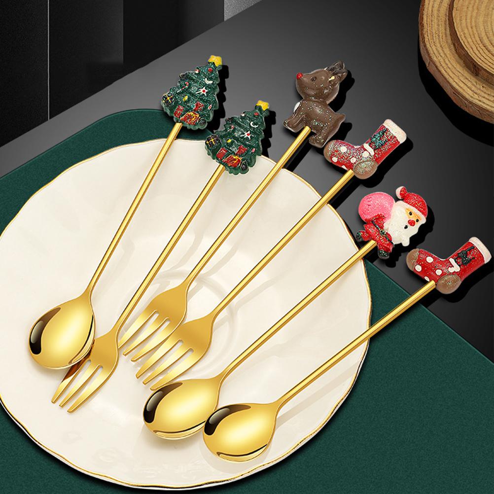 Stainless Steel Coffee Spoon Fork Christmas Cutlery Spoons Metal Dinnerware Party Tableware Gold Decor Food Xmas Themed
