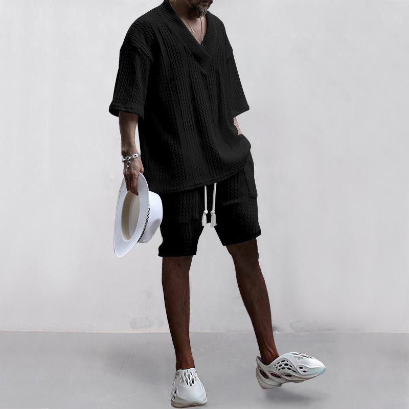 Summer Men's Casual Shorts V-neck Versatile Jacquard Knitted Sweater Men's Autumn Suit