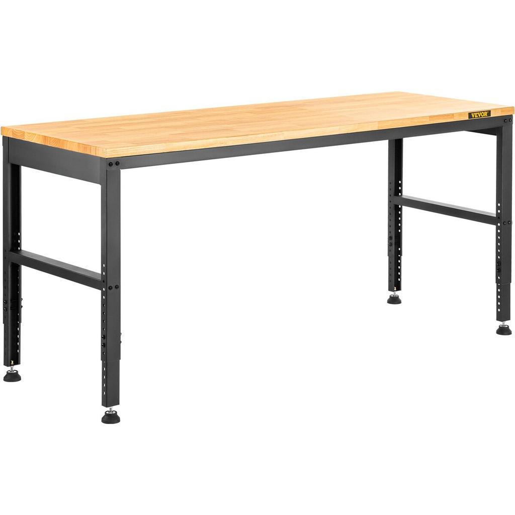 Workbench Adjustable Height, 183 x 64 cm Garage Table w/ 72 – 97 cm Heights & 900KG Load Capacity, with Power Outlets & Hardwood Top & Metal Frame &