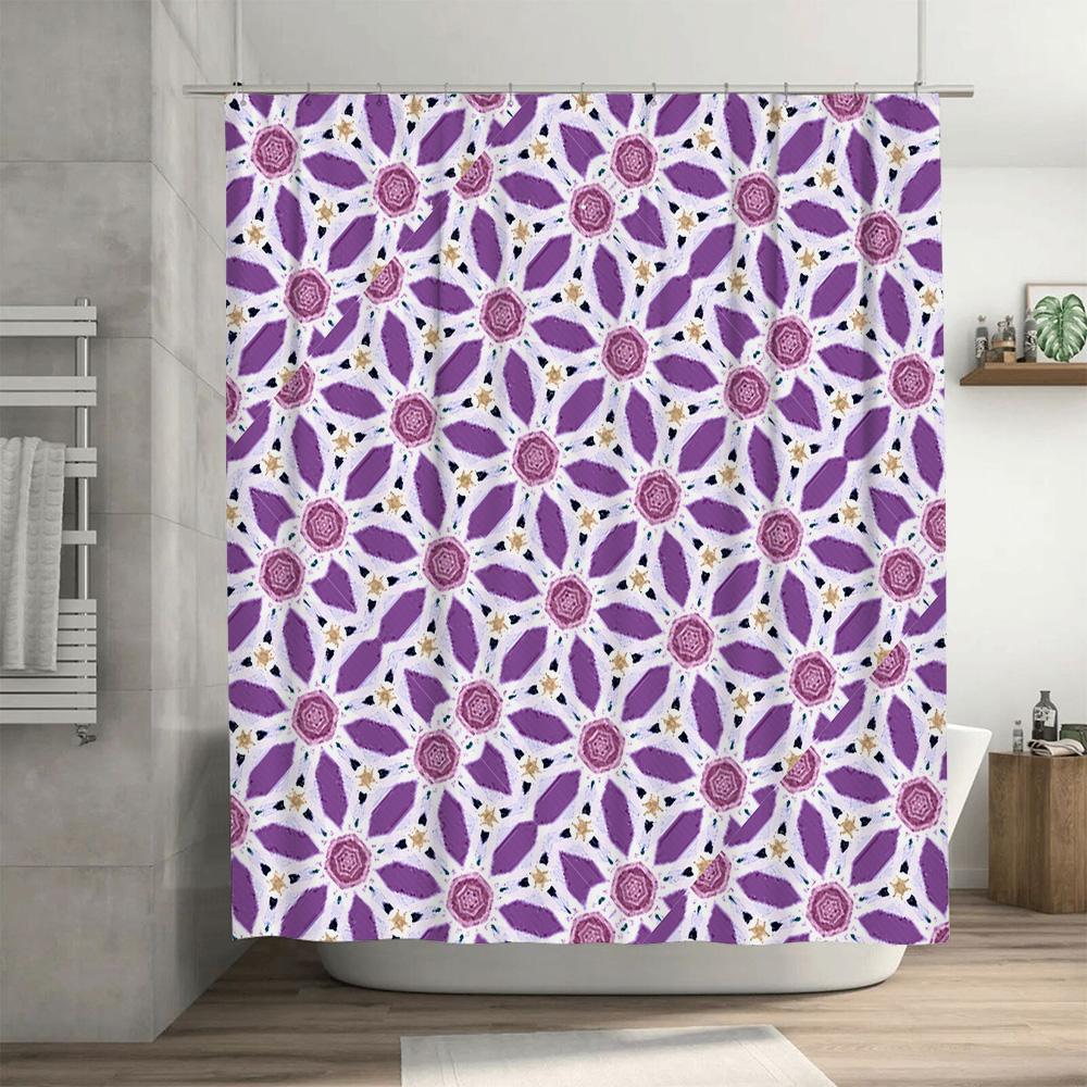 Purple White Geometric Print Shower Curtain for Bathroom Decor Fabric Durable Liner (180 x 240cm)