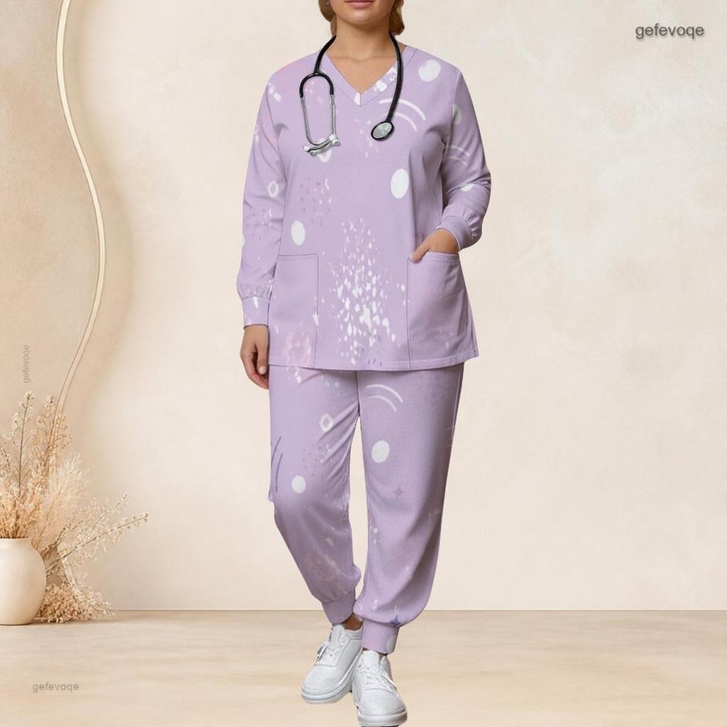Women Plus Size Black Blue Printed Nurse Scrub Set V Neck Long Sleeve Pocket Top Long Pants