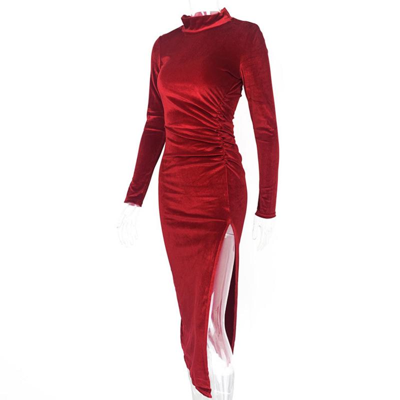 Sexy Velvet Pleated Turtle Neck Dress Women's Autumn Winter Warm Long-sleeved Slim Slit Package Hip Dresses Evening Party Gowns
