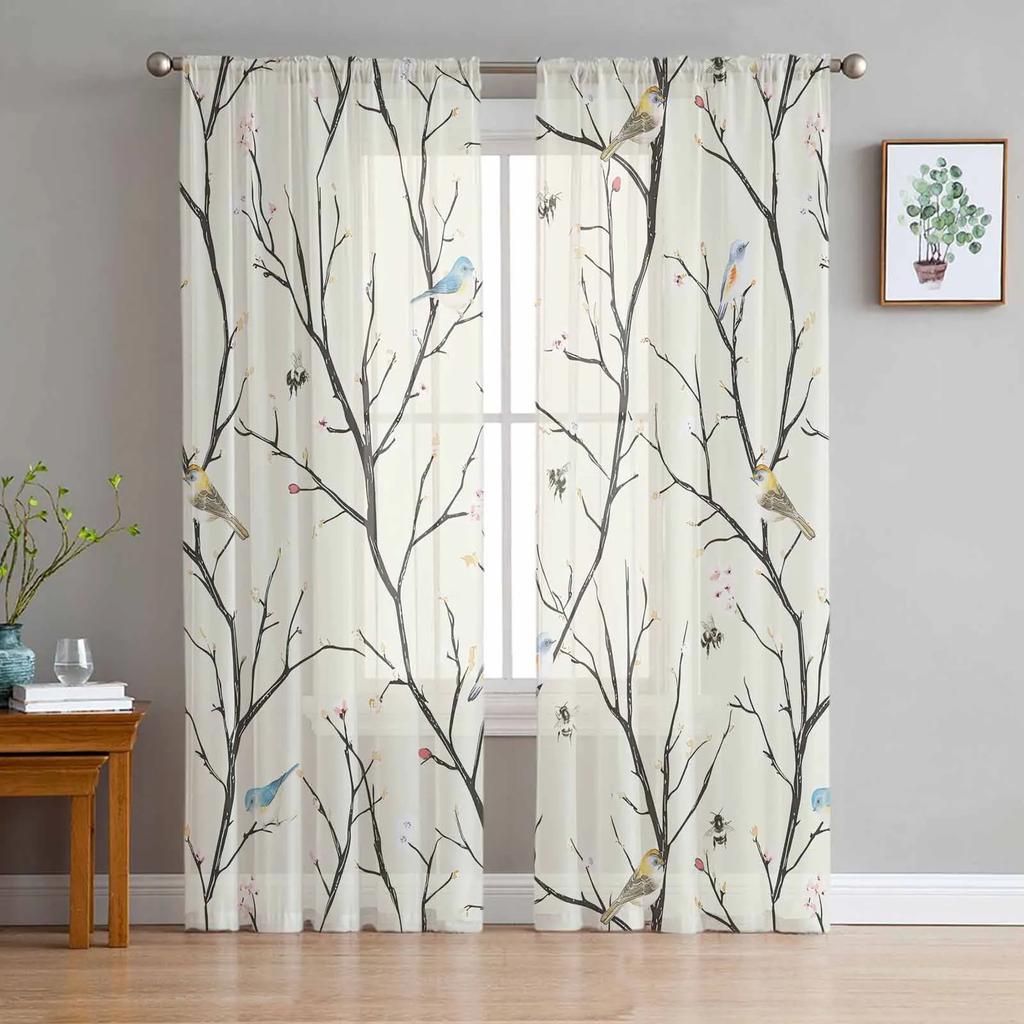 Fågel Blomma Suckulent Fjäril Vita Skira Gardiner för Vardagsrumsdekoration Fönstergardin Kök Tyll Voile Draperier