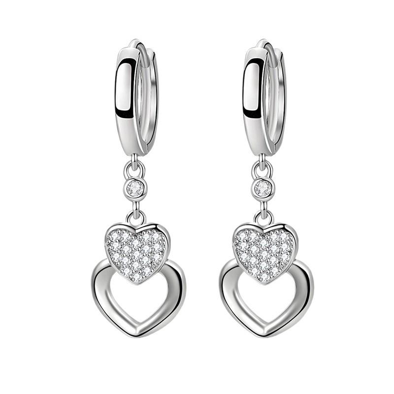 Korean Style Diamond-Studded Heart Dangle Earrings - Geometric Long Heart-Shaped Design Jewelry Gift