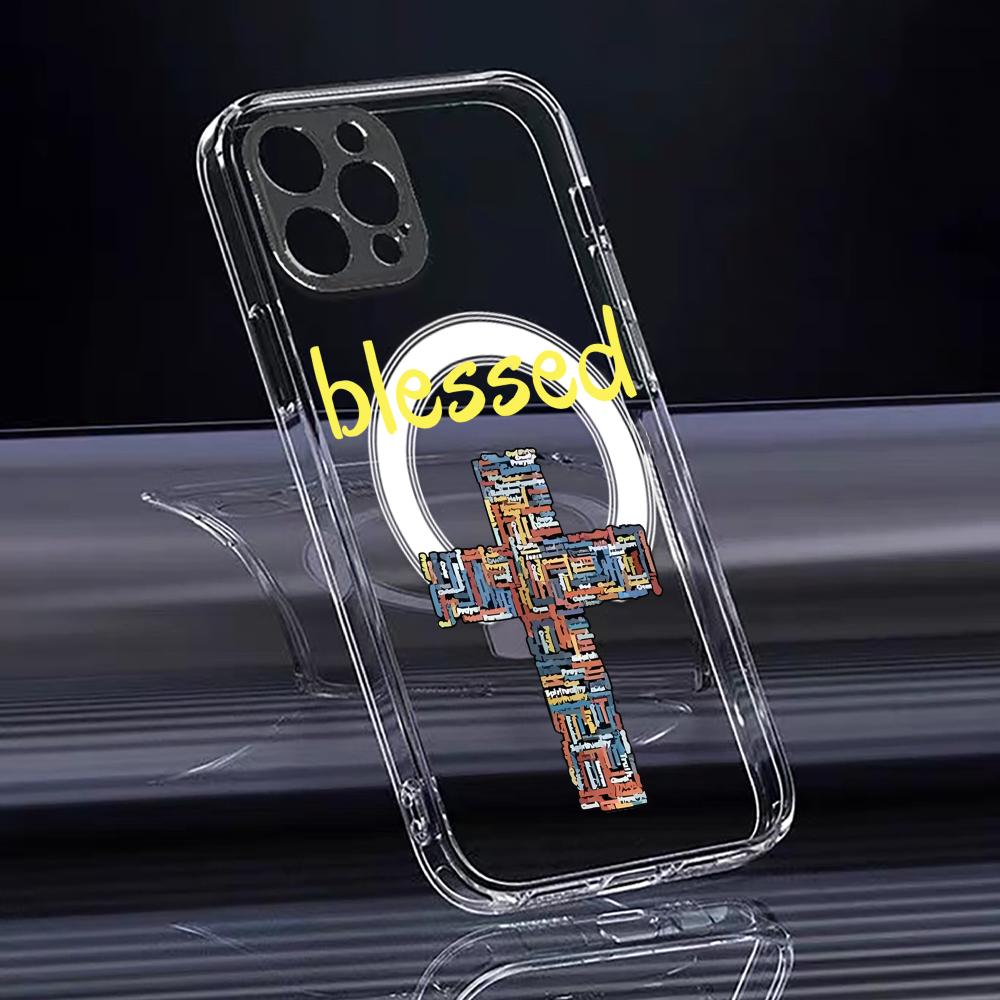 Fashion God Cross Phone Case For iPhone 17 16 15 14 13 12 Pro Max Plus With Magnetic Crystal Clear Case Wireless Charge
