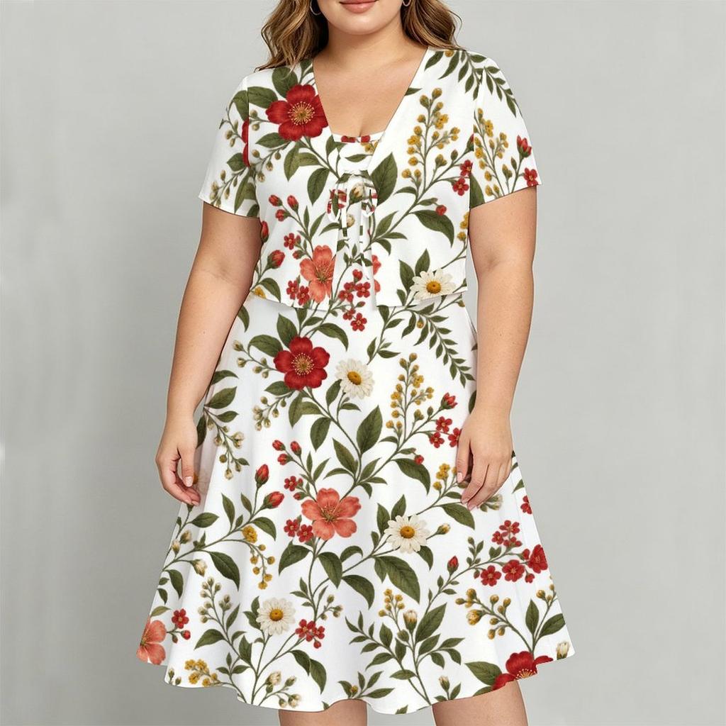 Women Plus Size Two Piece Floral Printed Set Short Sleeve Tie Front Shrug Strappy Flared Dress