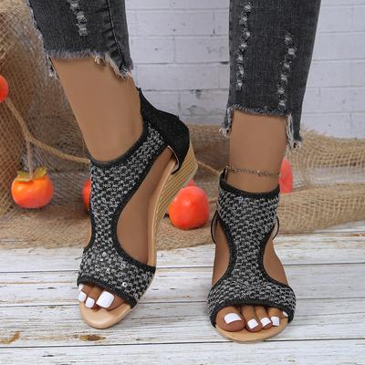 Elegant Sequins Mesh Hollow Out Women Wedge Sandals Peep Toe Rear Zipper Sandalis Casual Rome Shoes Size 36-43