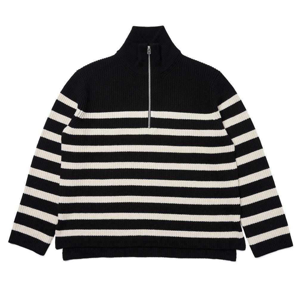 Berno [Casual] Stripe Half Zip-Up Knit Black M