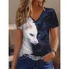 Leisure Vacation Abstract Painting Gradient Animal Cat Graphics Full Body Printed Breathable V-neck Short Sleeved T-shirt