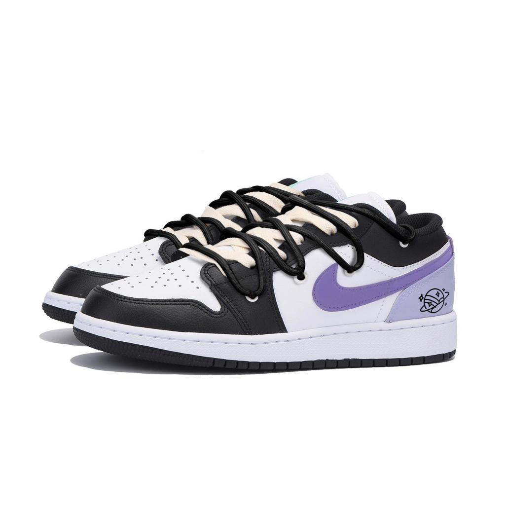 Jordan Air Jordan 1 Slip Resistant Abrasion Resistant Low top Vintage Basketball Shoes Men's Black White Purple 553558-131(Team85-)