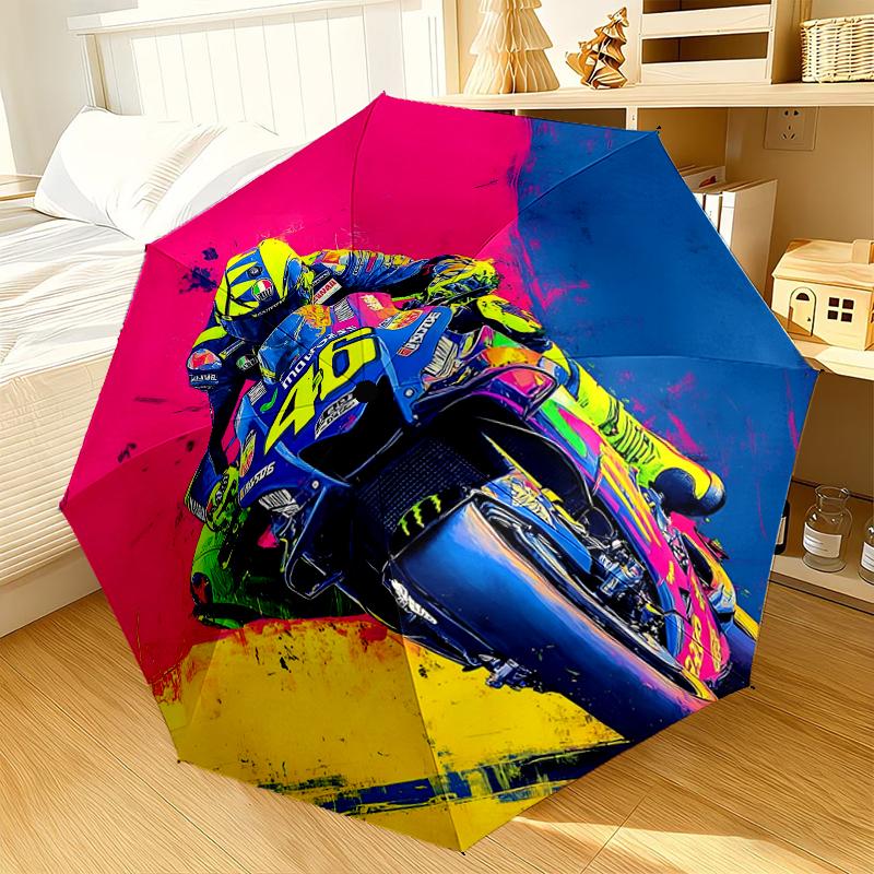 Rider Speeding Through Neon Light Automatic Folding Umbrella - 8-Rib Travel Umbrella with Auto Portable Case, Ideal Gift for Birthdays