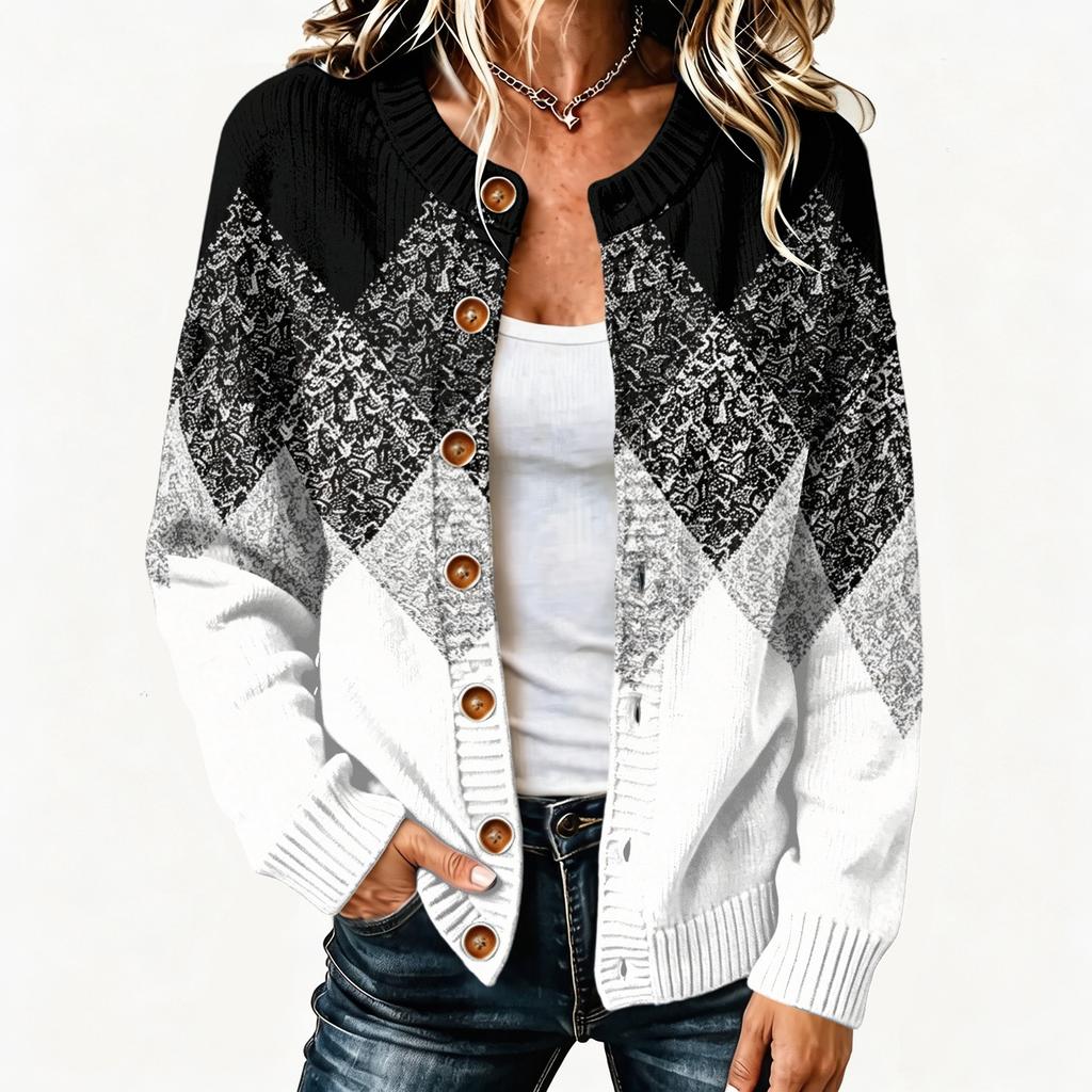 Women's Retro Printed Long Sleeve Button Front Knit Cardigan