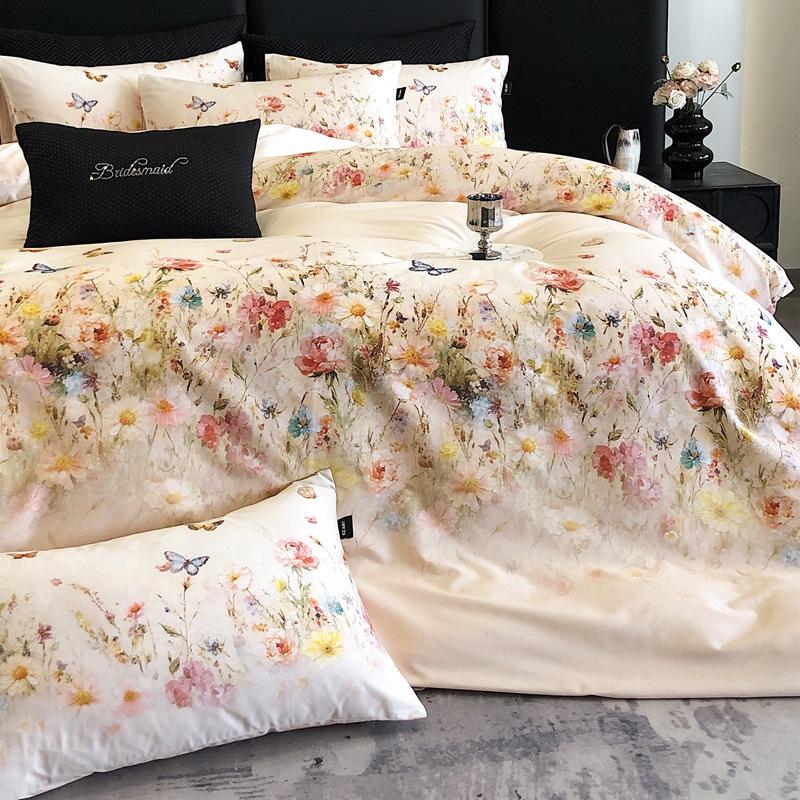 French Pastoral Oil Painting Style 100S Pure Cotton Satin Long-Staple Cotton Four-Piece Digital Printing Bedding