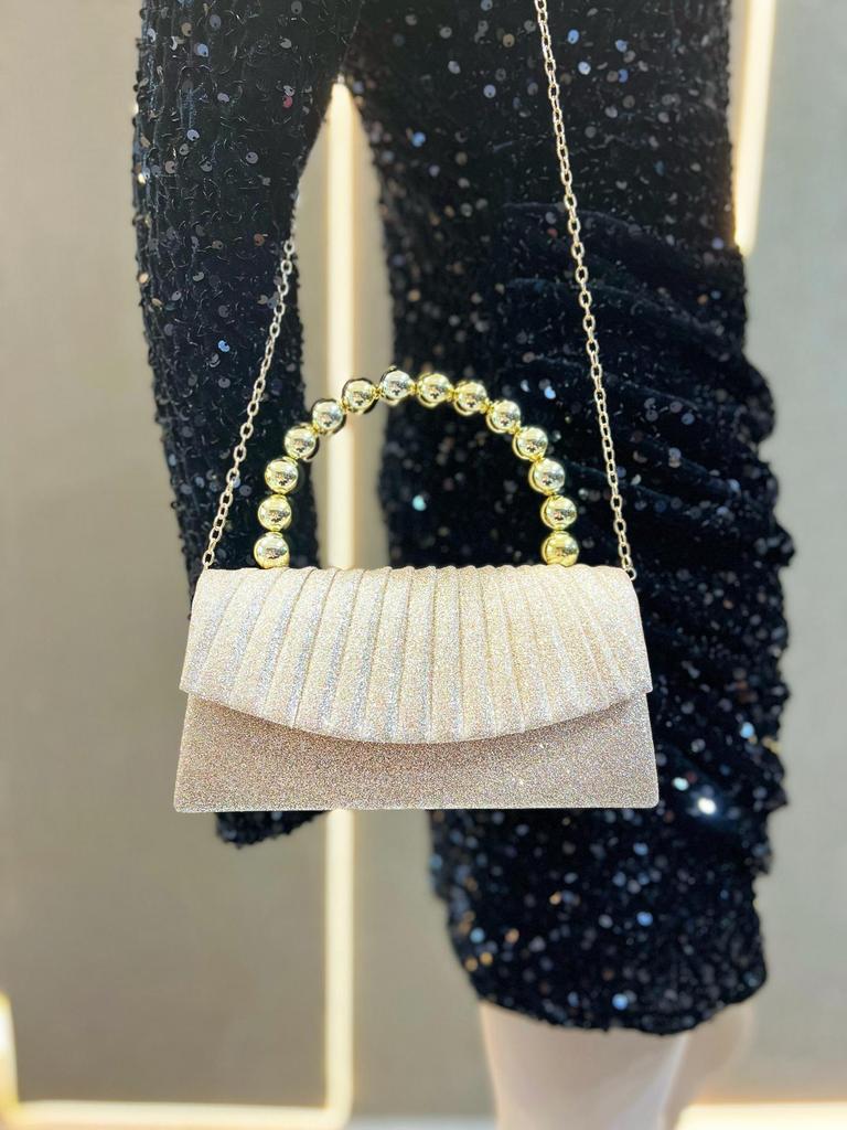 Sparkly Pleated Pearl Strand Clutch - Elegant Evening Bag