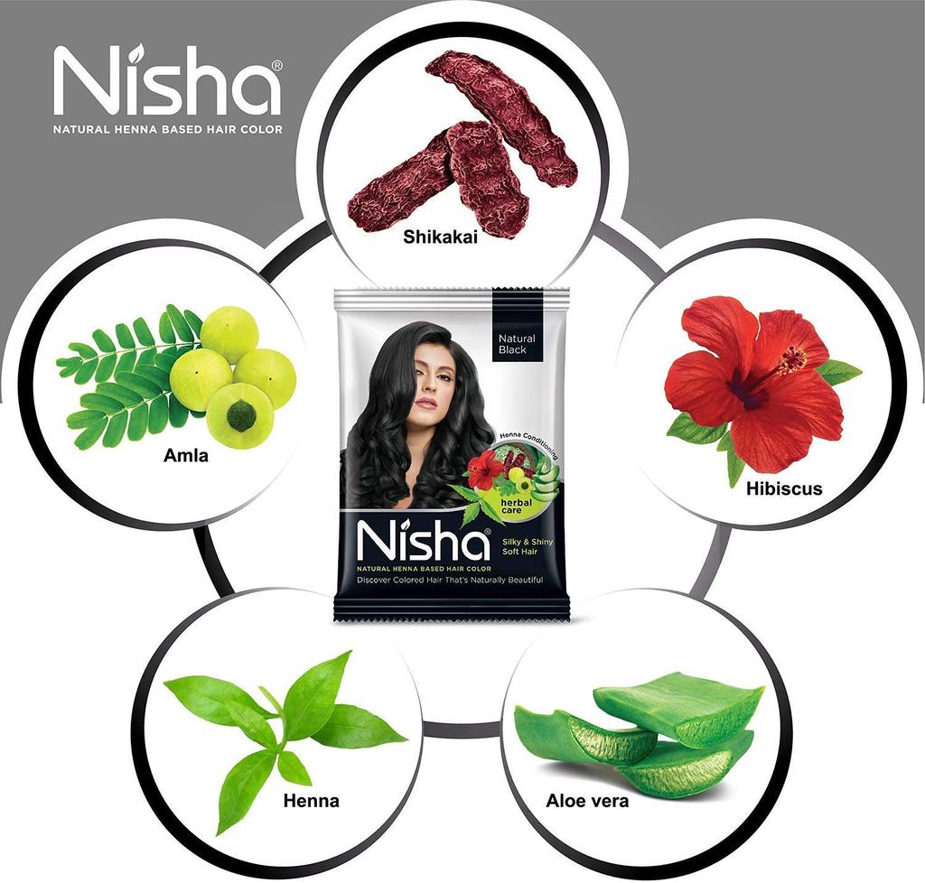 Nisha Natural Henna Powder Hair Color Natural Black Herbal Conditioning Dye For Soft Shiny Hair Men Women 25g X Pack of 8