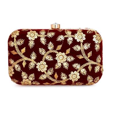 Women Handicraft Hand Embroidered Box Clutch Bag Purse for Bridal, Casual, Wedding (Maroon Flower)