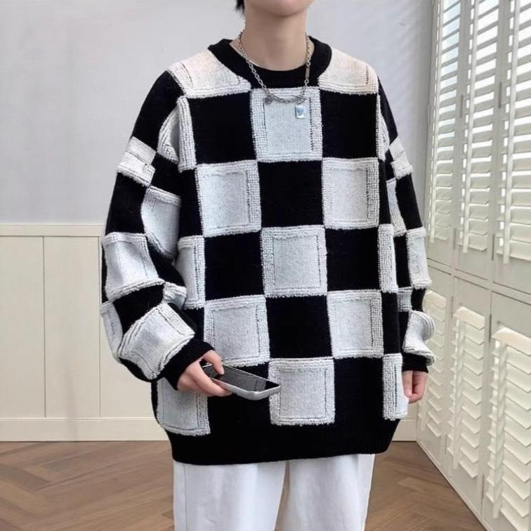 Men s Trendy Plaid Wool Sweater - Winter Fashion Knitwear, Loose Fit for Teens 2XL
