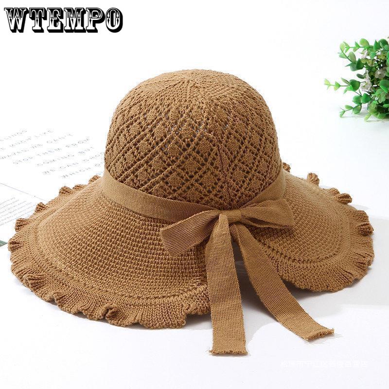 Women's Fringe Edge Crochet Sun Hat Wide Brim UV Protection Summer Hat with Bow Breathable Foldable Beach Hat