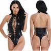 European & American Black Patent Leather One-Piece Hollowed-Out Strap Sexy Lingerie for Women