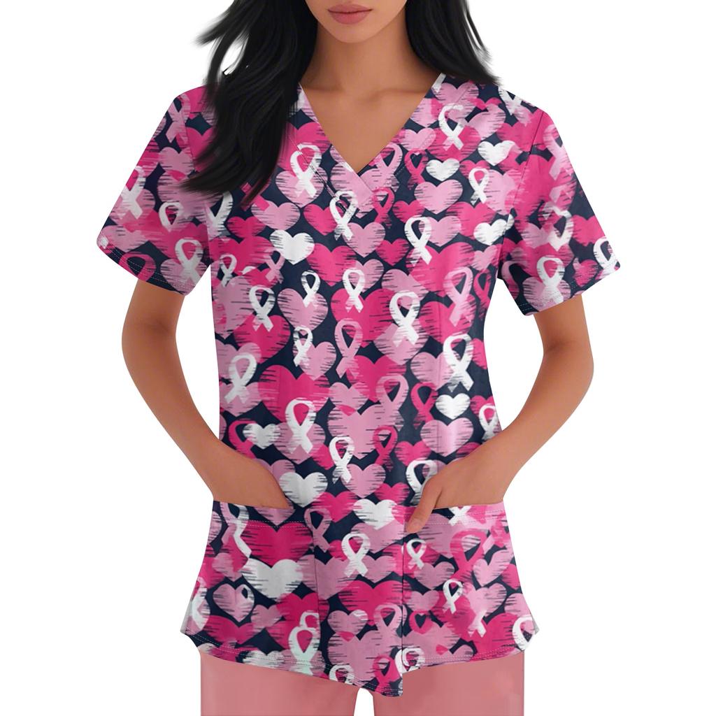 Women's V-neck Cartoon Printed Short-sleeved Pocket Side-slit Protective Suit Top