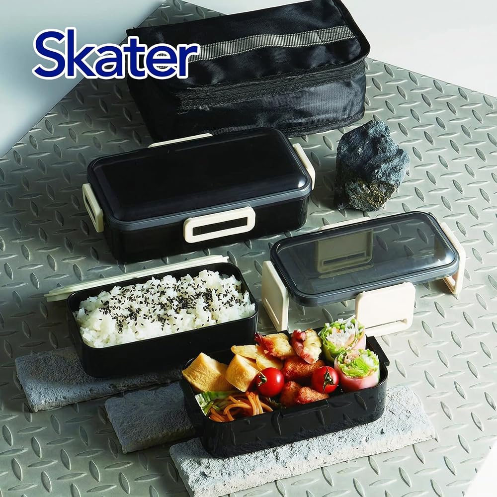 Skater Men's Bento Box Lunch Box 2-Tier 850ml Dishwasher Safe with Insulated Bag Set Black