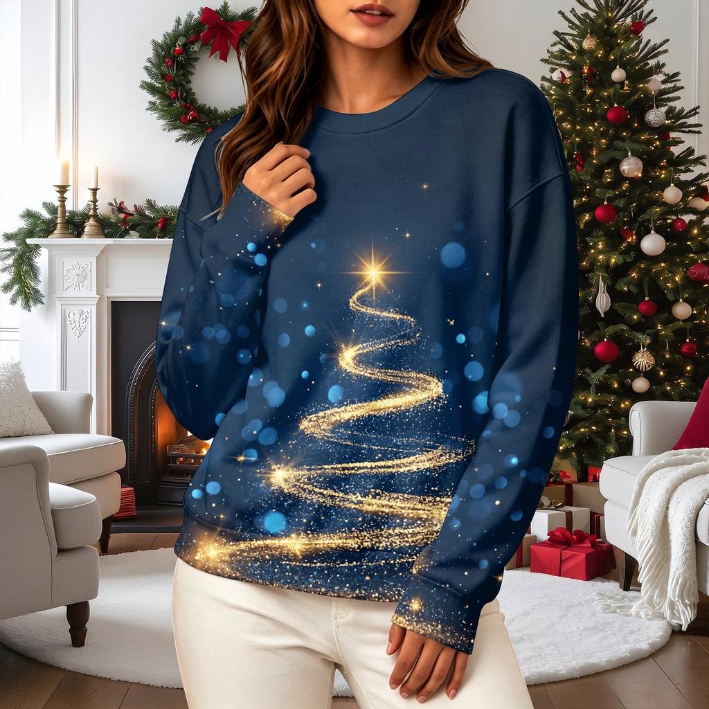 Women's Casual Long Sleeve Christmas Print Neck Pullover Sweatshirt Top