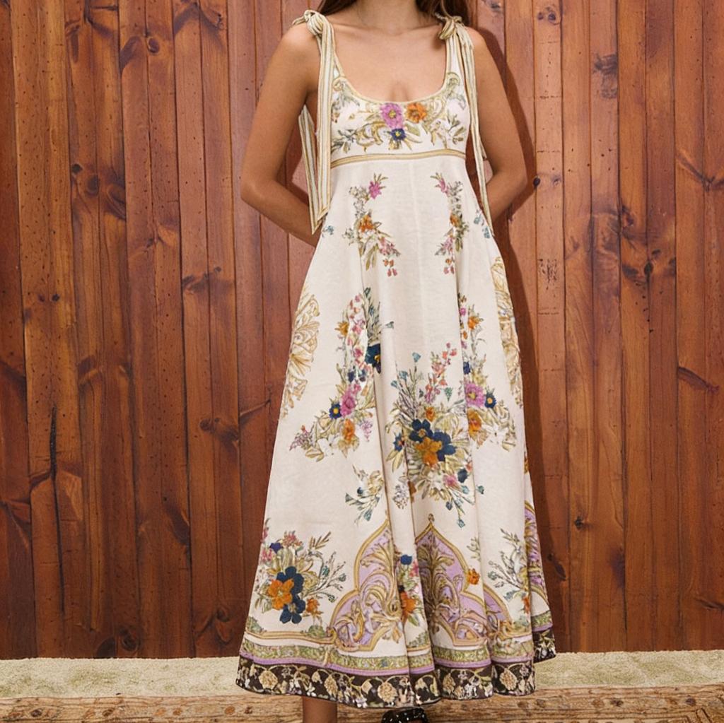 Vintage floral print lace-up suspender skirt long dress summer new women's bohemian niche dress