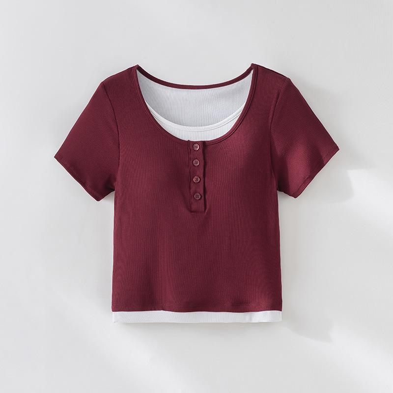 Women's Spring/Summer Color Block Yoga Vest: White, Fake Two-Piece, Short Sleeve, Loose Slim Fit