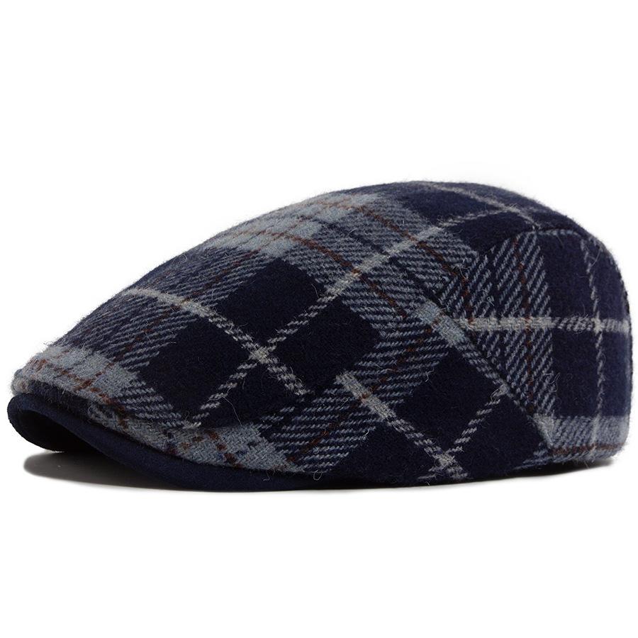 New men s beret autumn and winter warm wool color plaid retro forward hat women s casual British cap Adjustable тёмно-синий