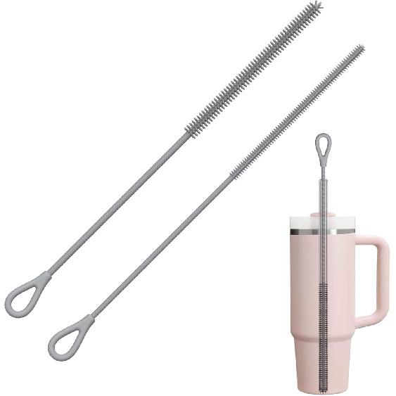 YOTIME Silicone Straw Cleaner Brush, 2Pcs Reble Straw Brush Extra Long for Cleaning Tumbler with Handle and Glass Metal Smoothie Straws, Non-slip