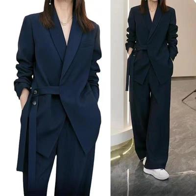 Spring Autumn Women's Casual Suit Jacket Matching Set Loose Wide Leg Pants Two Piece Female Clothing