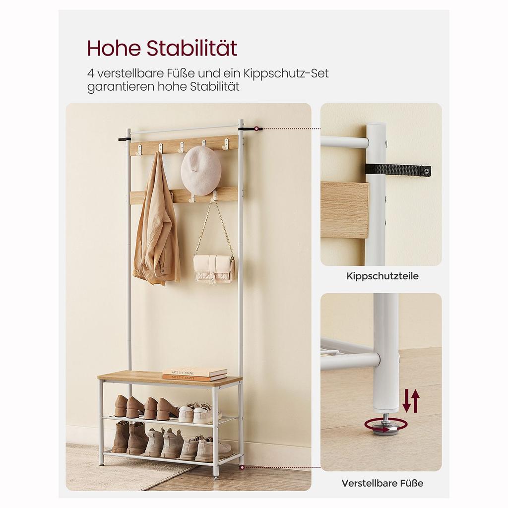 VASAGLE Coat Rack, Coat Stand with Shoe Storage Bench, Hall Tree with Shoe Rack, 3-in-1 Design, Steel Frame, for Hallway, Entrance, 32 x 70 x 175 cm