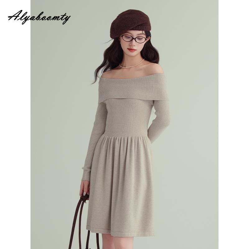 

Французский стиль Осень Зима Женское вязаное платье С вырезом лодочкой Черное вязаное мини-платье Сексуальное женственное Теплое короткое базовое платье One Size