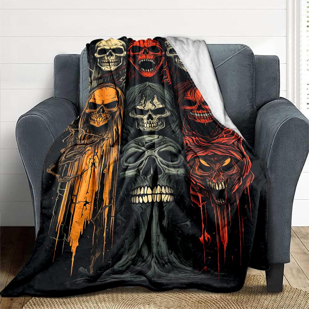 1pc Skulls, Death Blanket, Lightweight Flannel Throw Blanket For Sofa, Bed, Travel, Camping, Living Room, Office, Couch, Chair, And Bed