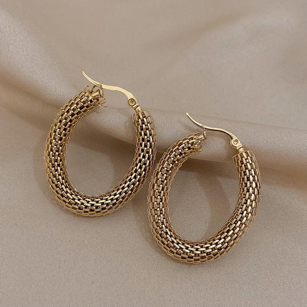 FLASHBUY Stainless Steel Gold Color Geometric Metal Mesh Earrings for Women Girls New Trend Hoop Ear Jewelry Gift