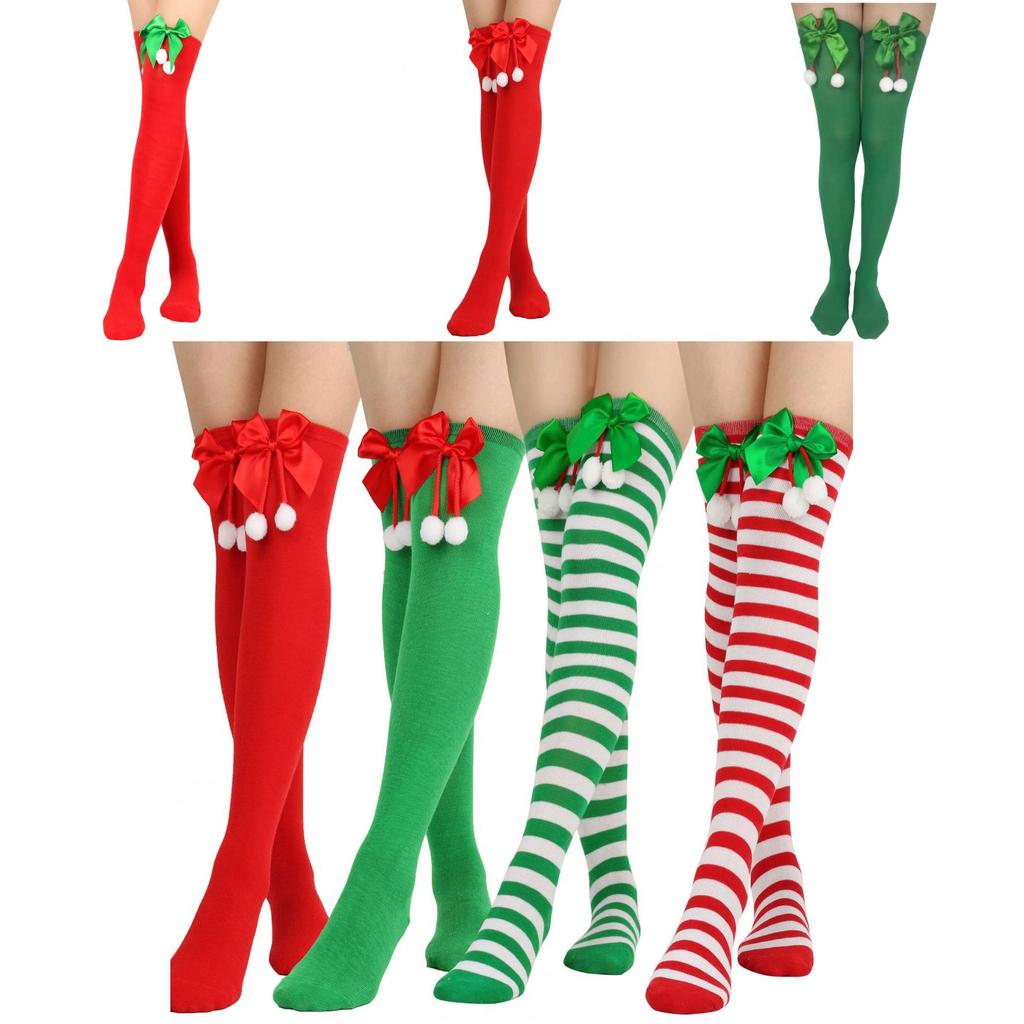 Striking Red-green Stripe Christmas Knee Socks For Women Kids