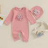 VISgogo 2 cs Newborn Rompers Spring Autumn Baby Girl Clothes Floral Cotton Blend Jumpsuit Overall + Hat Suit for 0-18 months