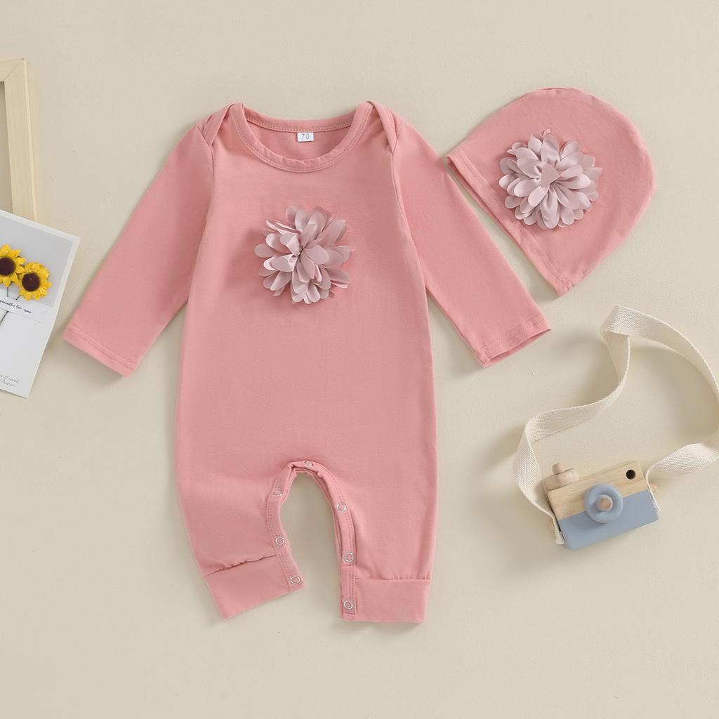 VISgogo 2 cs Newborn Rompers Spring Autumn Baby Girl Clothes Floral Cotton Blend Jumpsuit Overall + Hat Suit for 0-18 months
