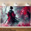 1pc, 2D flat, retro-style background banner depicting a female warrior, showcasing Japanese dreamlike landscape aesthetics, wsj